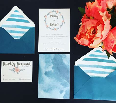 Blue And Coral Watercolor Flower Beach Inspired Wedding Invitation