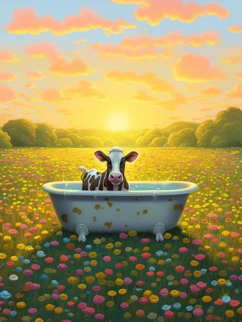 Una Pintura De Una Vaca En Un Campo De Flores Con El Sol Brillando