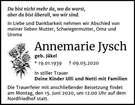 Traueranzeigen Von Annemarie Jysch Abschied Nehmen De