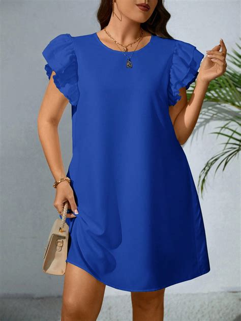 Shein Vcay Plus Solid Ruffle Trim Dress Shein Usa