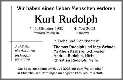 Traueranzeigen Von Kurt Rudolph Allg Uer Zeitung