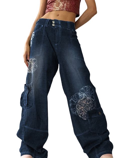 Kiapeise Gothic Cargo Jeans For Women Wide Straight Leg Punk Grunge