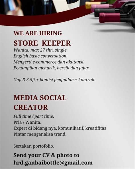 Lowongan Kerja Sebagai Storekeeper Dan Media Social Creator Untuk