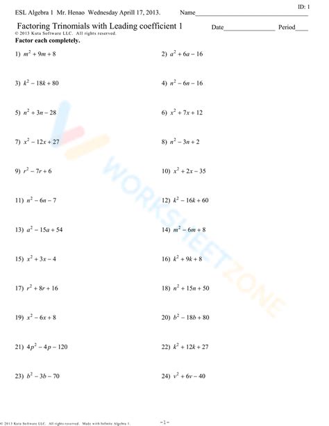 Factoring Trinomials With Leading Coefficient 1 Worksheet