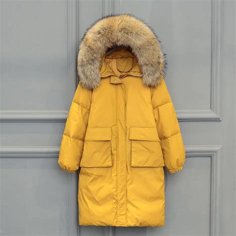 Women Winter Yellow Black Jacket Large Real Raccoon Fur Collar White Duck Down Long Warm Parkas