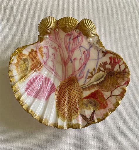 Sea Shells Ring Dish Decoupaged Scallop Shell Beach Decor Coastal Life