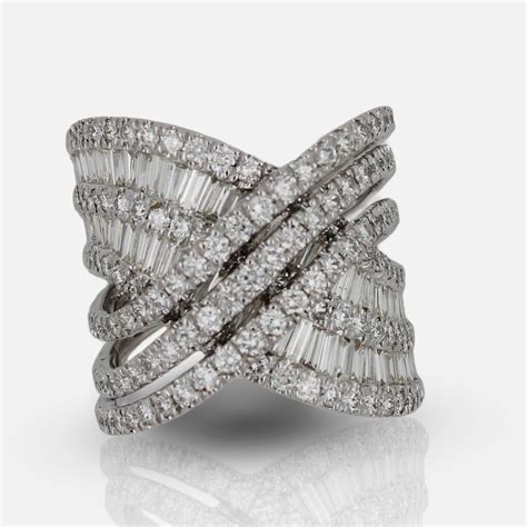 Diamond Halo Pave Baguette Spiral Wave Cocktail Band 18 Karat White Gold Ring For Sale At 1stdibs