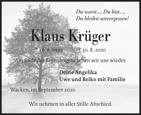 Traueranzeigen Von Klaus Kr Ger Sh Z Trauer