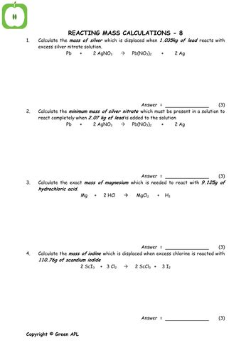 Reacting Mass Calculations Teaching Resources