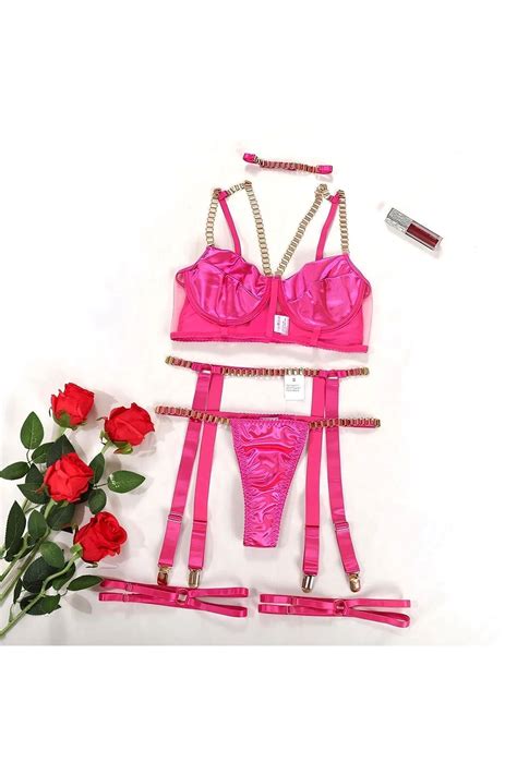 Women S Fuchsia Chain Sexy Fantasy Bra Thong And Garter Lingerie Set