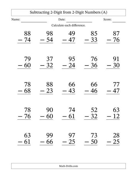 Subtraction Worksheets 2 Digit No Regrouping