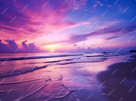 Premium AI Image | Summer beach with blue water and purple sky at the ...