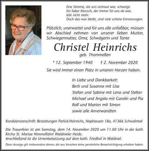 Traueranzeigen Von Christel Heinrichs Trauer Und Gedenken