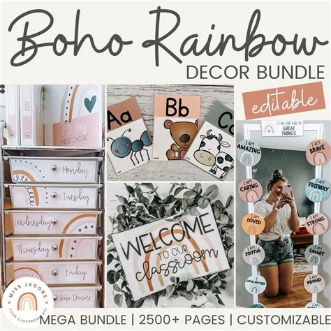 Boho Rainbow Classroom Decor Bundle Editable Neutral Etsy