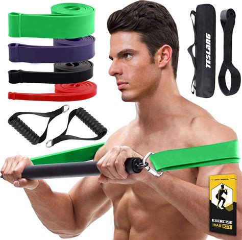 Teslang Resistance Band Bar 4 Resistance Bands With Bar For Men Women 300 Lbs