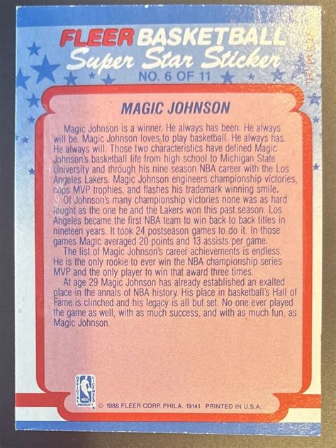 1988 89 Fleer NBA 6 MAGIC JOHNSON Super Star Sticker Rare Insert