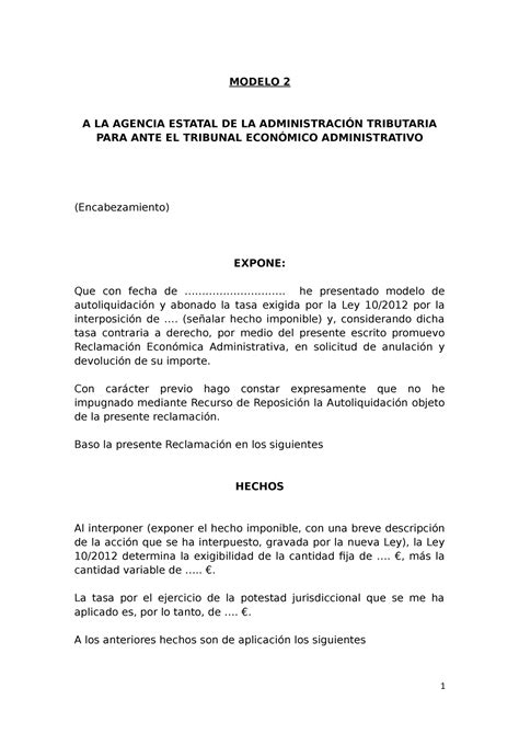 Modelo Reclamacion Economico Administrativa Modelo A La Agencia