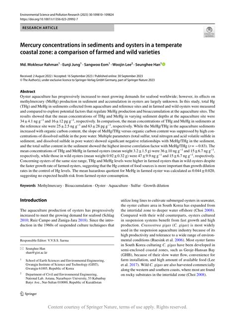 Mercury Concentrations In Sediments And Oysters In A Temperate Coastal