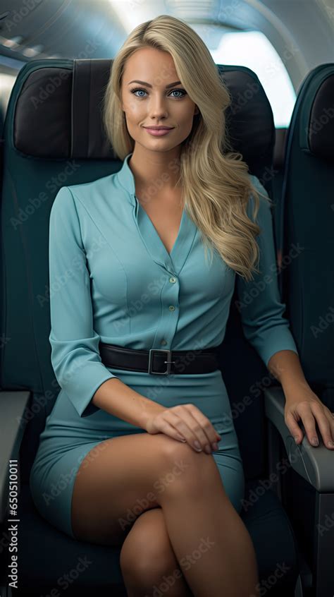 Beautiful Caucasian Blonde Female Flight Attendant In A Blue High Slit Dress Sit In The