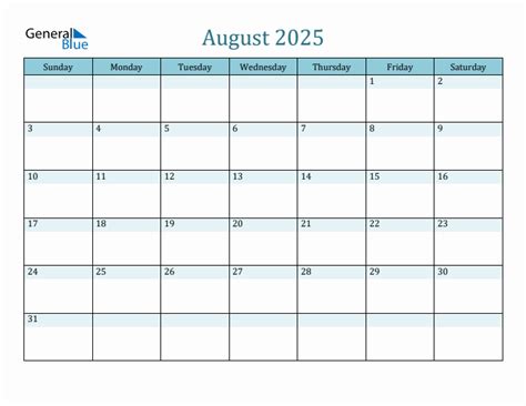 August 2025 monthly calendar (pdf, word, excel)