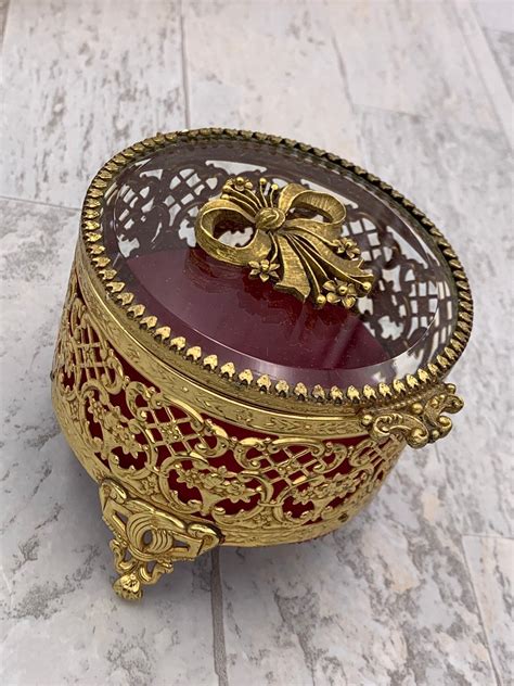 Vintage Jewelry Casket Gold Ormolu Filigree Round Trinket Box With Ornate Glass Lid Red Velvet