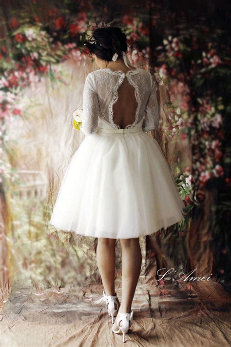 Short Lace Wedding Dress With Sleeves And Open Back Tea Length White Lace Bridal Dress 2629404