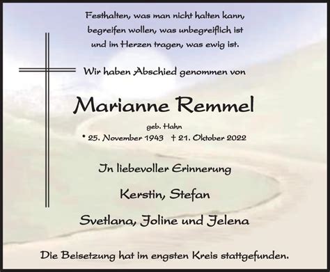 Traueranzeigen Von Marianne Remmel Trauer In Nrw De