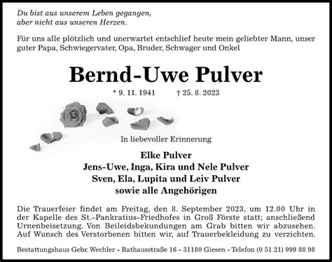 Traueranzeigen Von Bernd Uwe Pulver Trauerportal Hildesheimer