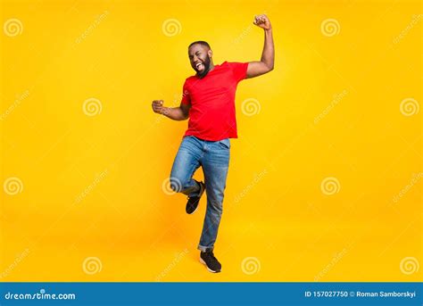 Full Length Body Size Photo Of Rejoicing Glad Cheerful Happy Black Man