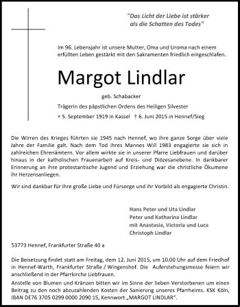 Traueranzeigen Von Margot Lindlar WirTrauern