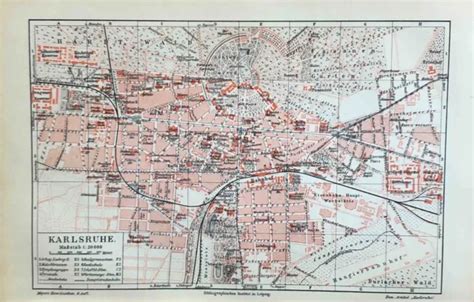 KARLSRUHE ALTER HISTORISCHER Stadtplan Original Lithographie Um 1908