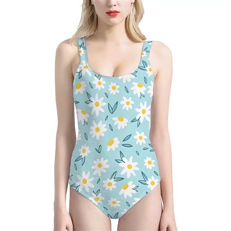 Binienty Women One Piece Swimsuit Frangipani Snug Fit Scoop Neck Low