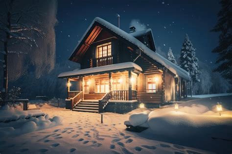 Premium Ai Image Cozy House Exterior With Warm Lighting On A Winter Night