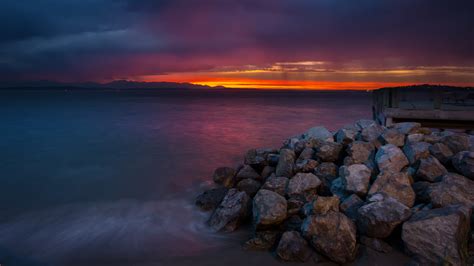 Wallpaper Sunlight Sunset Sea Bay Rock Shore Reflection Beach