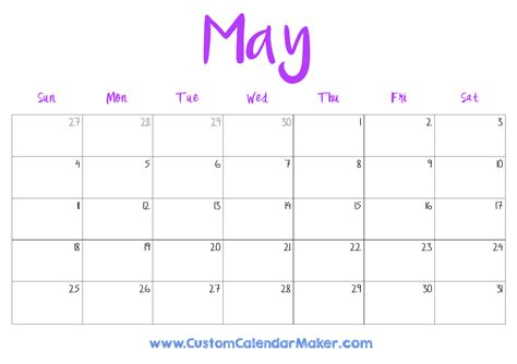 Cute Calendar Template May Free Printable Dana Milena