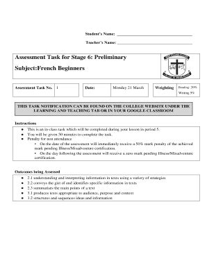 Fillable Online Assessment Task For Stage 6 Preliminary SubjectFrench