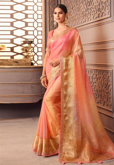 Organza Saree With Blouse In Peach Colour 1205A