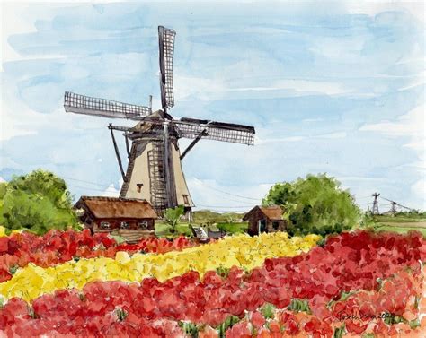 Reserved For Diana Genz Dutch Windmill Original Watercolor Etsy