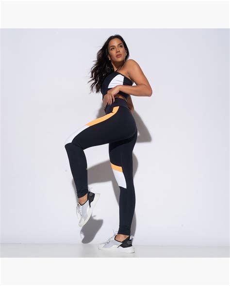 Riachuelo Legging Fitness Preta Recorte Branco E Laranja Lg