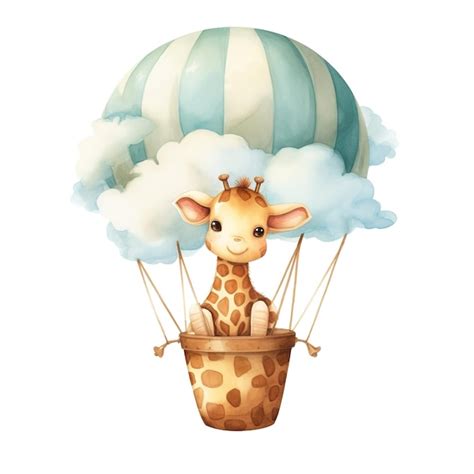 Premium AI Image Cute Baby Giraffe In Hot Air Balloon Watercolor