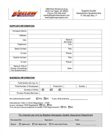 Vendor Assessment Questionnaire Template Prntbl
