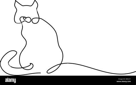 Continuous One Line Drawing Cat Sitting With Curled Tail Clients