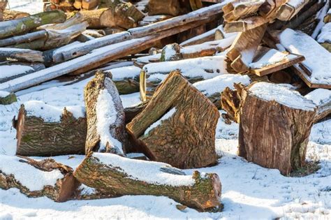 Madeira Empilhada Coberta De Neve Fundo Uma Pilha De Lenha Seca No