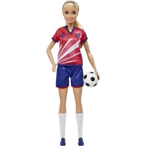 Poupée footballeuse avec queue de cheval blonde maillot n 9 balle de