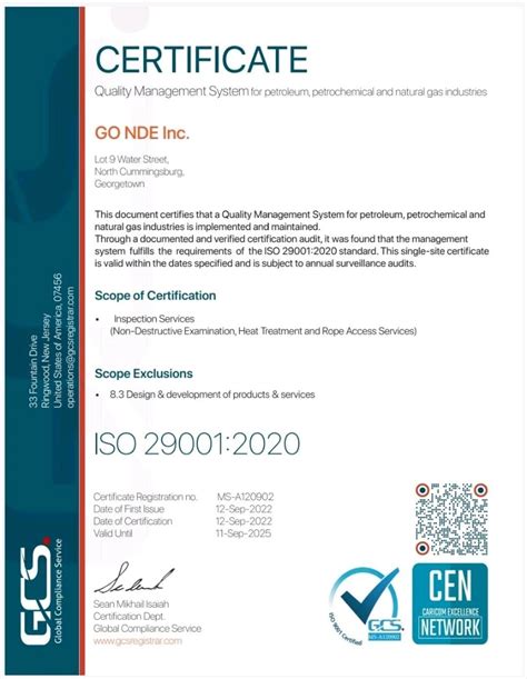 GO NDE Inc ISO 29001 2020 Certificate