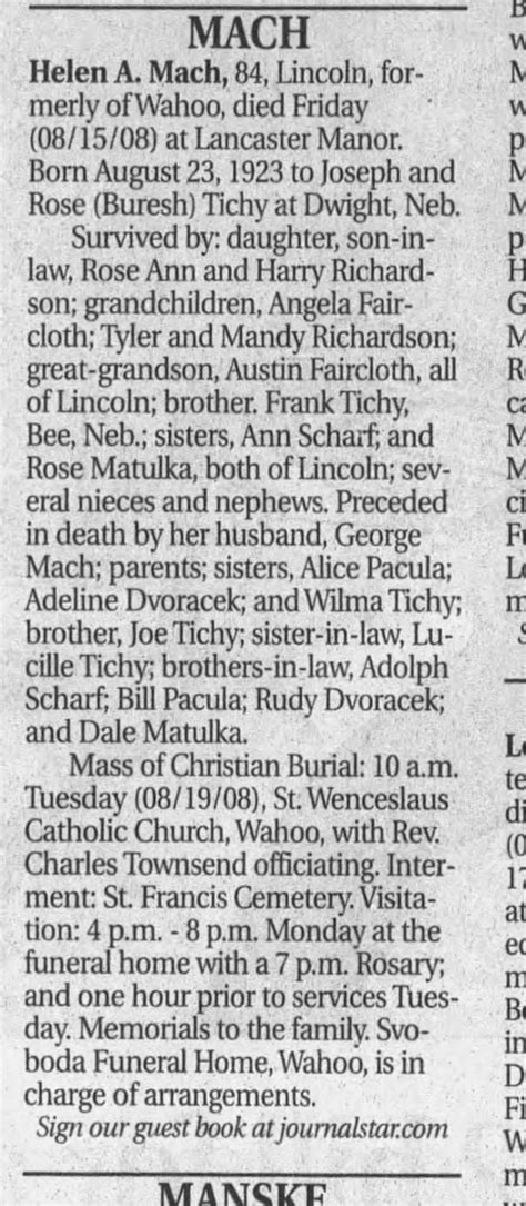 Helen A Mach Obituary Lincoln Journal Star Lincoln Nebraska 17 Aug