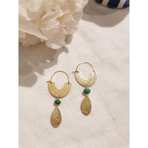 Milë Mila Boucles d oreilles dorées avec perle verte de Chez La C