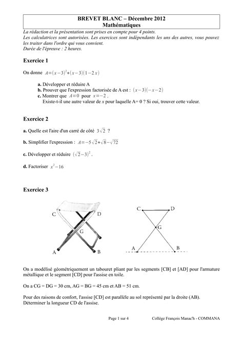 BREVET BLANC Décembre 2012 Mathématiques Exercice 1