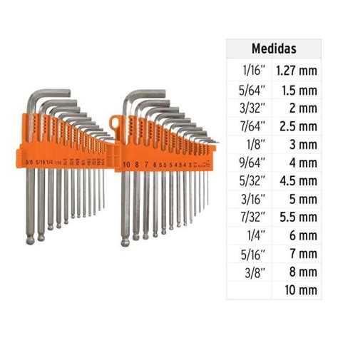 Juego Llaves Allen 25 Piezas Pulgadas Y Milimetrica Punta De Bola Con
