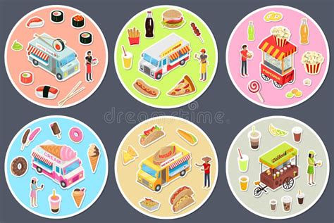 Isometric Street Food Trucks Set Stock Vector Illustration Of Icon